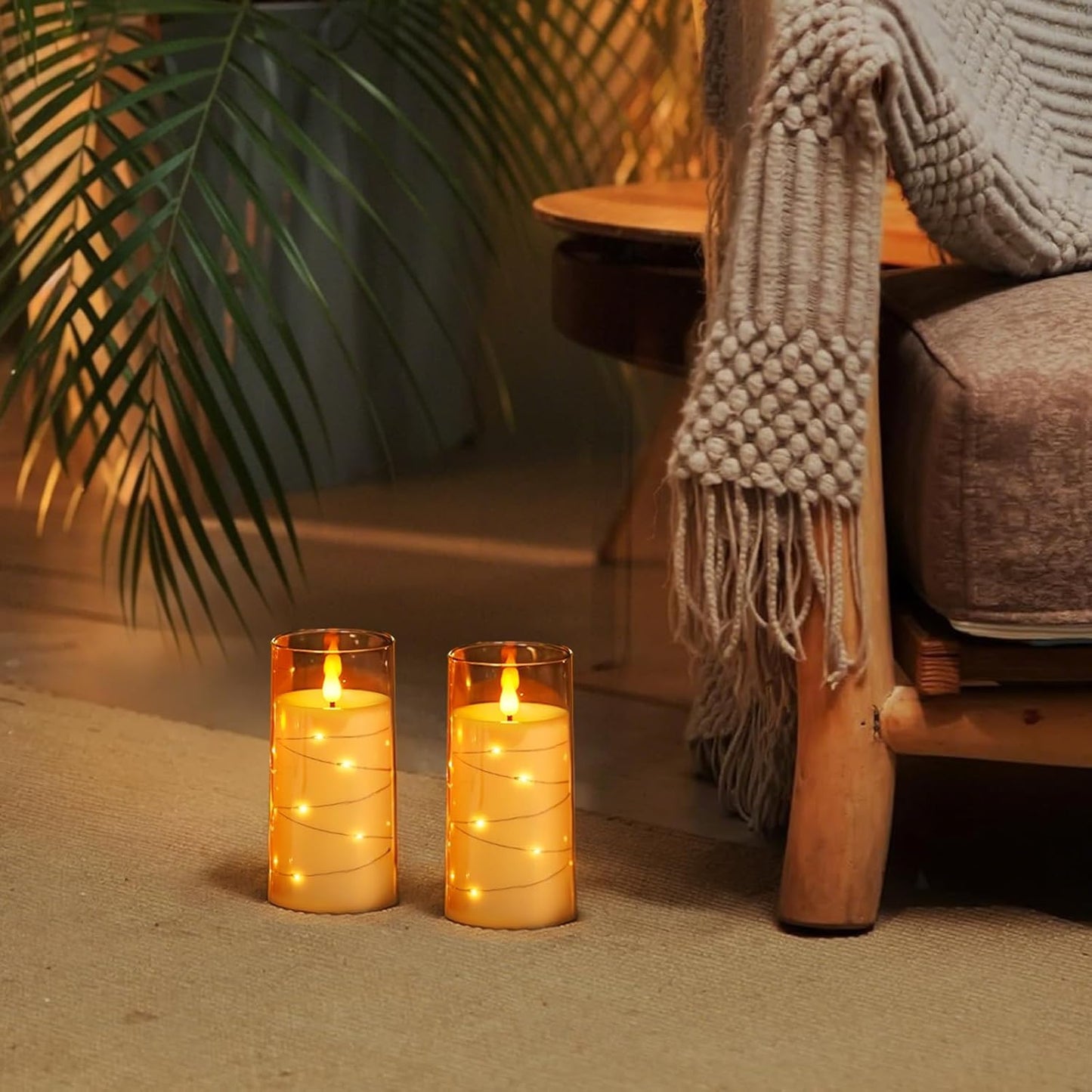 Homemory Flameless Candles with Embedded Star String Fairy Lights, Battery Operated Candles, LED Candle, Fake Candles with Remote Control and Timer, Gold, Set of 2(H 6" 6")