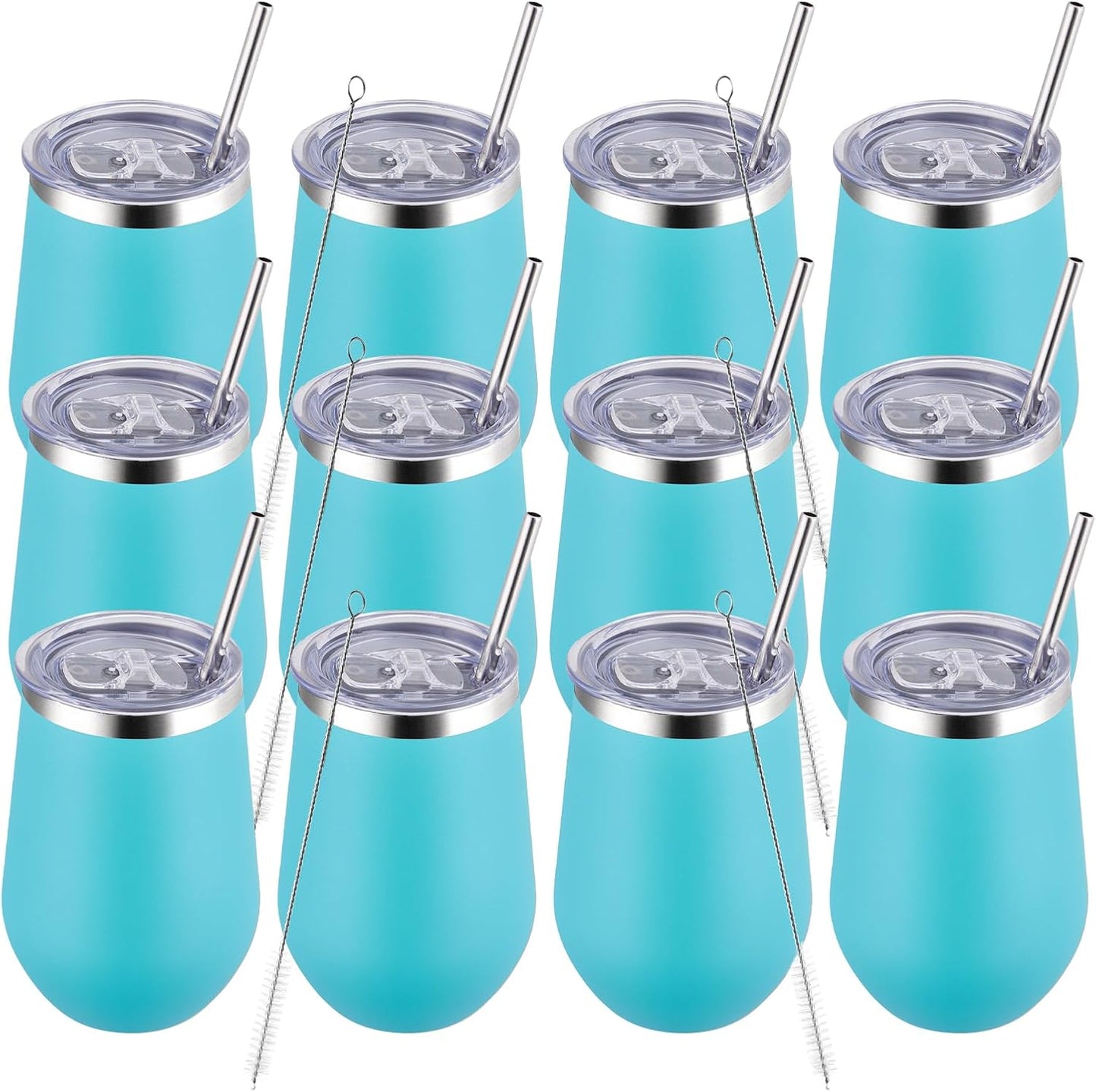 MEWAY Stemless 12oz Insulated Wine Tumbler with Lid and Straw - Double Wall Stainless Steel Thermal Cup for Hot and Cold Drinks, Ideal for Bridal and Baby Shower Game Prizes(Light Green,Set of 12)