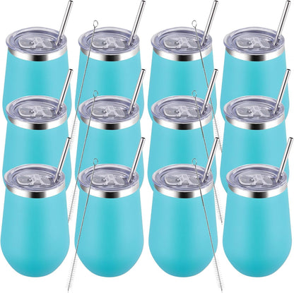 MEWAY Stemless 12oz Insulated Wine Tumbler with Lid and Straw - Double Wall Stainless Steel Thermal Cup for Hot and Cold Drinks, Ideal for Bridal and Baby Shower Game Prizes(Light Green,Set of 12)