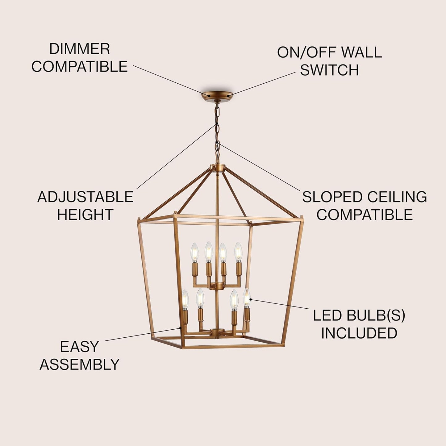 JONATHAN Y JYL7438B Pagoda Lantern Dimmable Adjustable Metal LED Pendant Classic Traditional Farmhouse Dining Room Living Room Kitchen Foyer Bedroom Hallway, 20 in, Antique Gold