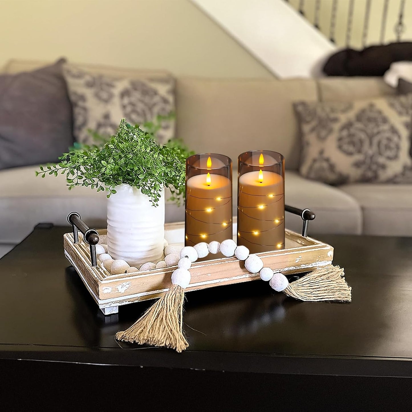 Flickering Flameless Candles with Remote Timer, 6pcs LED Battery Operated Candles with Embedded String Lights Grey, D3 H6