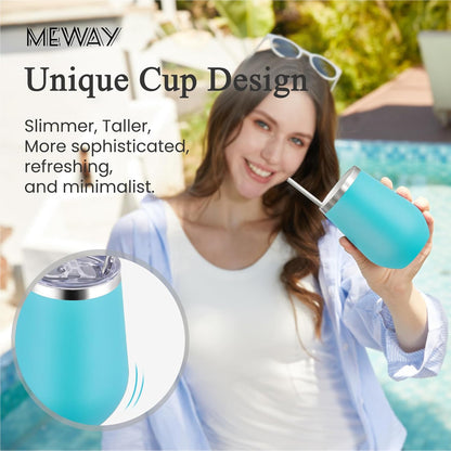 MEWAY Stemless 12oz Insulated Wine Tumbler with Lid and Straw - Double Wall Stainless Steel Thermal Cup for Hot and Cold Drinks, Ideal for Bridal and Baby Shower Game Prizes(Light Green,Set of 12)