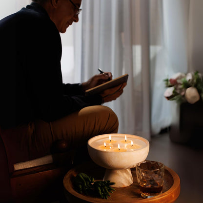 BLUEME Nostalgia - Bergamot & Musk, Luxury Candle w/Essential Oils, 6 Wick, Hand-Poured Soy, Cotton Wick, Ceramic