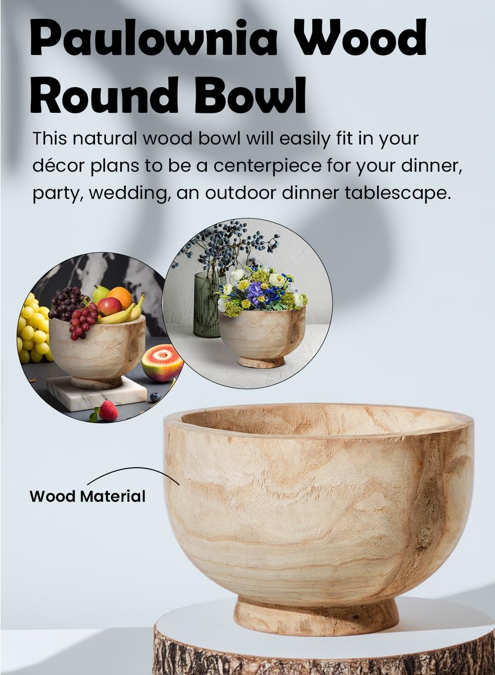Serene Spaces Living 11" Paulownia Wood Round Bowl, Handmade Wooden Decorative Bowl Fruit Basket for Décor, Parties, Wedding Centerpiece, Floral Arrangements, Set of 6, 7" Tall and 11" Diameter