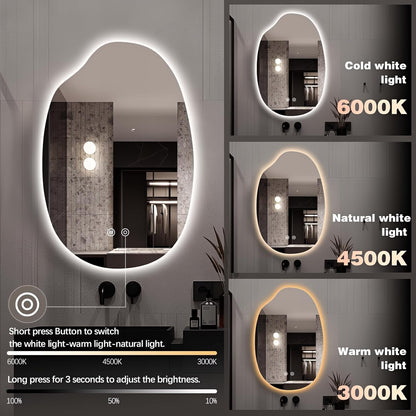 32"x22" Asymmetrical Led Mirror for Bathroom, Irregular Backlit Vanity Mirror with Lights, Frameless Smart Mirror, 3 Colors Stepless Dimmable, Anti-Fog, Memory, CRI95+, Horizontal/Vertical
