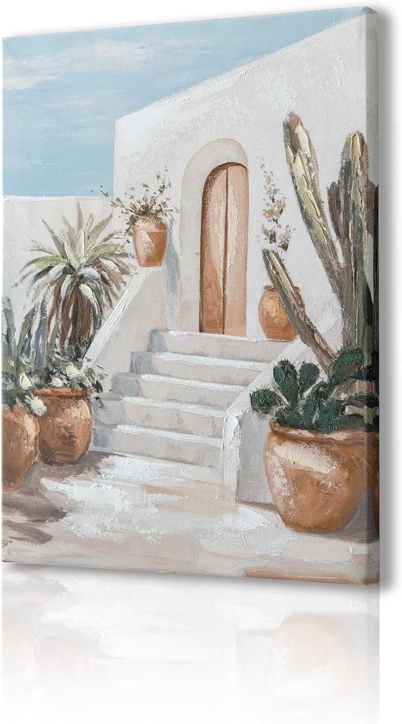 Hand-Painted Trendy blue Canvas Wall Art Pastel Preppy mediterranean Painting Picture Retro Posters Print Artwork Amalfi Coast Wall Decor for Girls Room Aesthetic bedroom bathroom Decor 12x16in