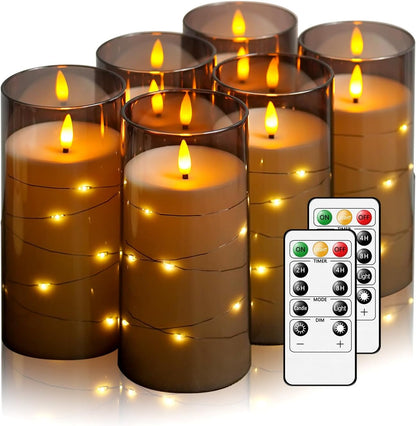 Flickering Flameless Candles with Remote Timer, 6pcs LED Battery Operated Candles with Embedded String Lights Grey, D3 H6