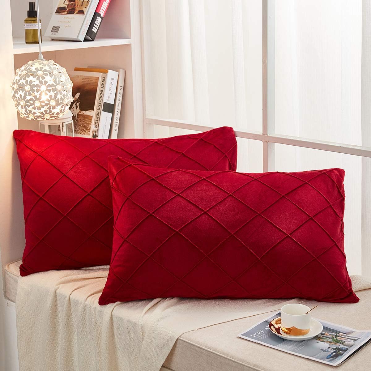 JAUXIO Diamond Pinch Pleated Crystal Velvet Pillowcases 2 Pack Solid Pintuck Throw Cushion Cover for Home Decor Hidden Zipper Closure (Burgundy, King)