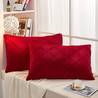 JAUXIO Diamond Pinch Pleated Crystal Velvet Pillowcases 2 Pack Solid Pintuck Throw Cushion Cover for Home Decor Hidden Zipper Closure (Burgundy, King)