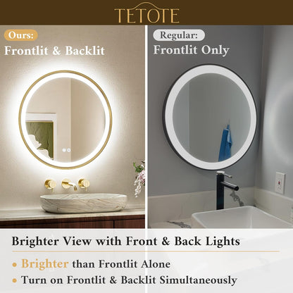 TETOTE Gold Led Round Mirror with Lights 36 Inch Metal Framed Round Circle Lighted Bathroom Vanity Mirror Wall Mounted, Front and Backlit 3 Color Stepless Dimmable Anti Fog, Shatterproof, CRI 90+