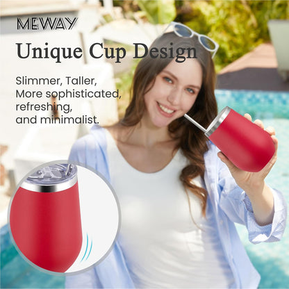 MEWAY Stemless 12oz Insulated Wine Tumbler with Lid and Straw - Double Wall Stainless Steel Thermal Cups for Hot and Cold Drinks, Bridal Shower Prizes for winners(Red,Set of 4)