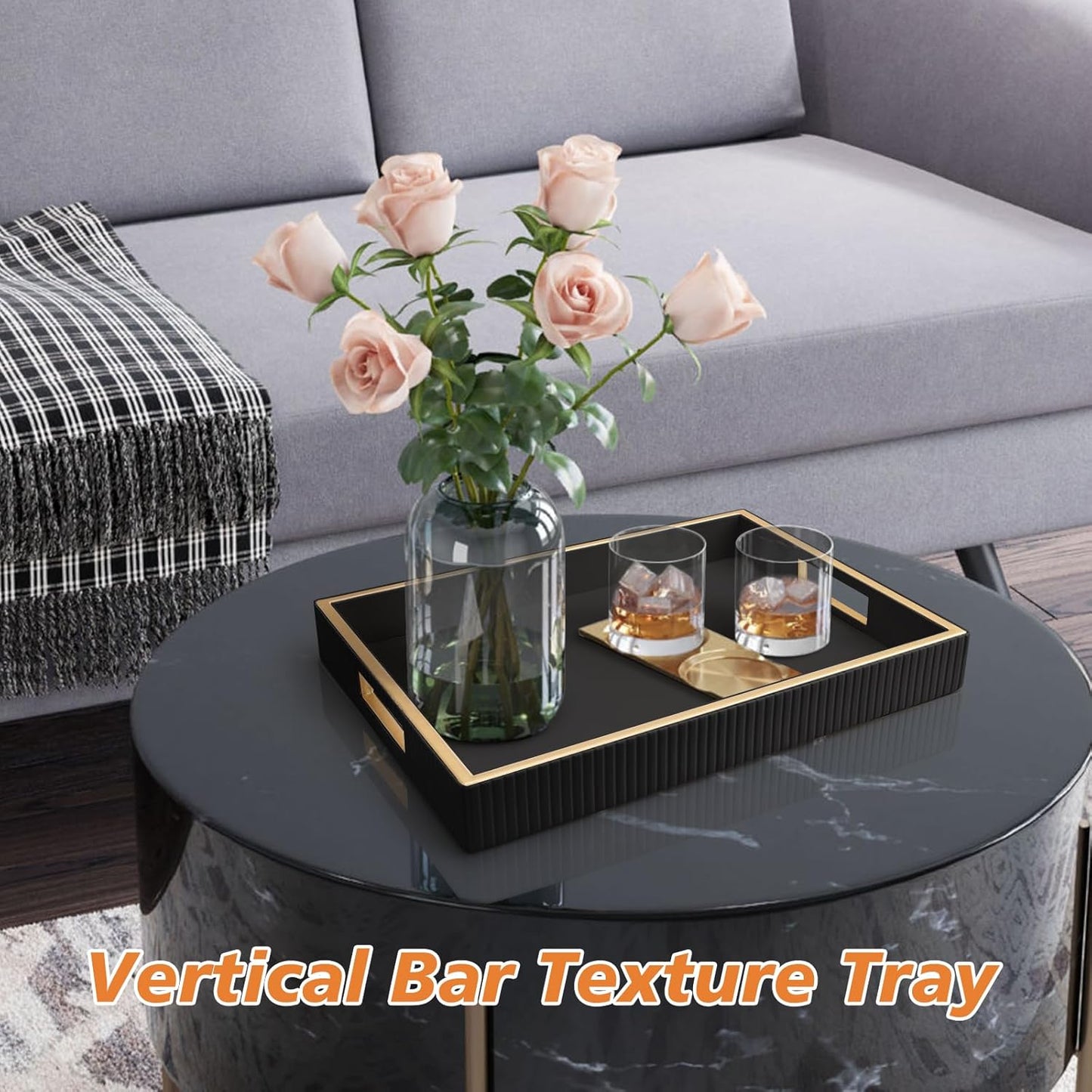 SANZIE Leather Tray Desktop Storage Organizer Premium Serving Tray Decorative Tray Valet Tray for Sundries Cosmetics Phone Wallet Cutlery (Black Holder)