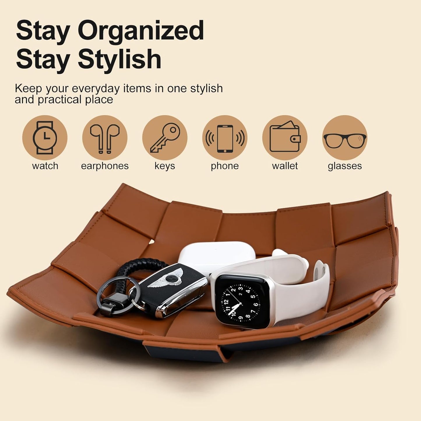 Valet Tray PU Leather Key Holder Bowl for Men Entryway Table Nightstand Desk Tray for Wallet, Keys Men's Gift - Brown & Black, 9.8" L x 9.8" W x 2" H