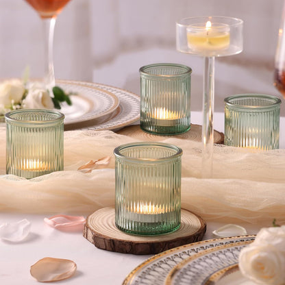 32Pcs Ribbed Green Votive Candle Holders, Tea Light Candle Holders Glass for Table Centerpiece, Green Candle Holders for Wedding, Bridal Shower and Tea Party Decorations