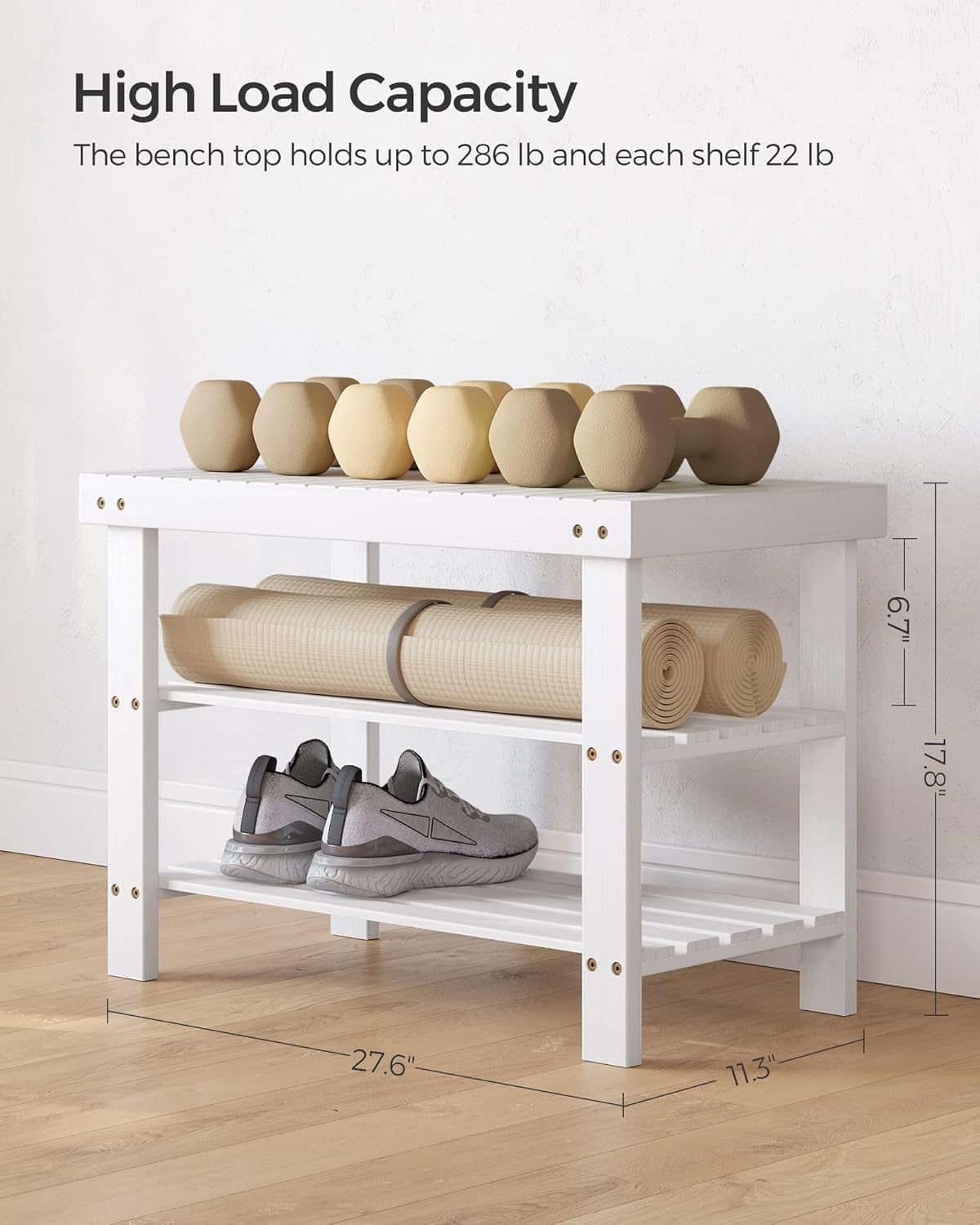 SONGMICS Shoe Rack Bench, 3-Tier Bamboo Shoe Storage Organizer, Entryway Bench, Holds Up to 286 lb, 11.3 x 27.6 x 17.8 Inches, for Entryway Bathroom Bedroom, Cloud White ULBS004W01