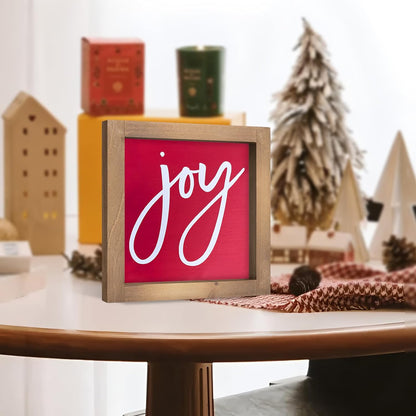 Wooden Joy Sign, 6 Inch Red Christmas Decorative Signage Plaque Decor, Xmas Holiday Indoor Table Shelf Desk Mantel Tiered Tray Wall Art Bathroom Rustic Farmhouse Decorations for Home Office