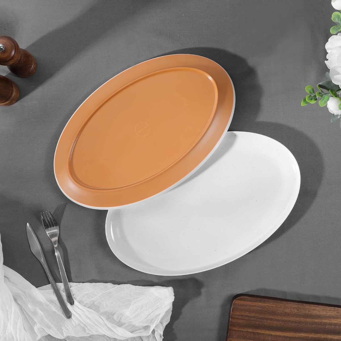 Webbylee ‌16" Melamine Oval Platter Set of 2 - Lightweight Durable Serving Tray for Party, Catering & Home | Dishwasher Safe, Fits Turkey/Charcuterie-White & Brown