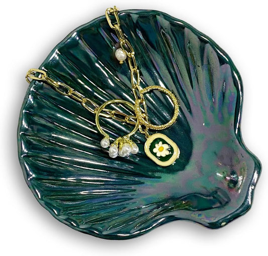 Seashell Trinket Tray, Ceramic Ring Holder Dish for Earrings Ring Necklace, Shell Shape Jewelry Dish Trinket Tray, Ocean Room Decor, 3.9", Deep Teal Iridescent Surface