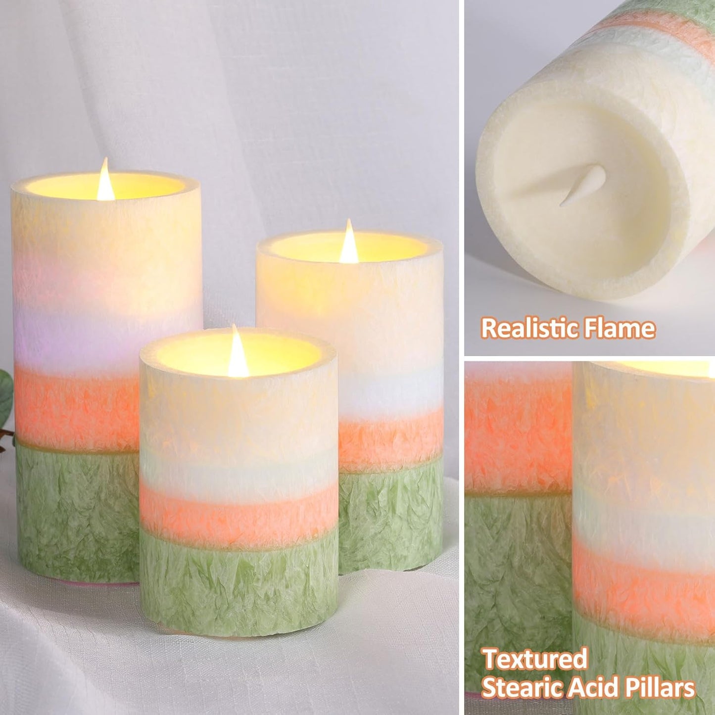 Eywamage Color-Changing Flameless Pillar Candles with Timer - Real Wax Coated, Battery-Operated Set of 3