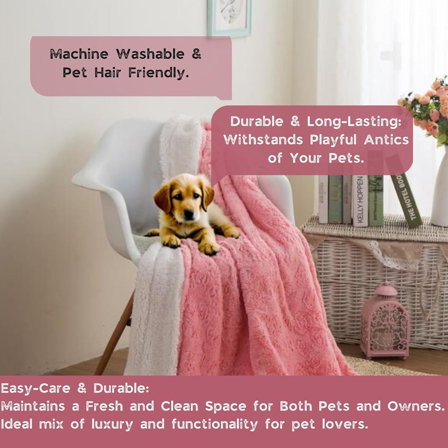 DaDa Bedding Luxury Faux Fur Throw Blanket - [ Non Shedding - Machine Washable] Fluffy Super Cuddly Soft Roses Sherpa Backside - Warm Plush for Lap or Sofa - Bright Vibrant Pink & White - 63" x 90"