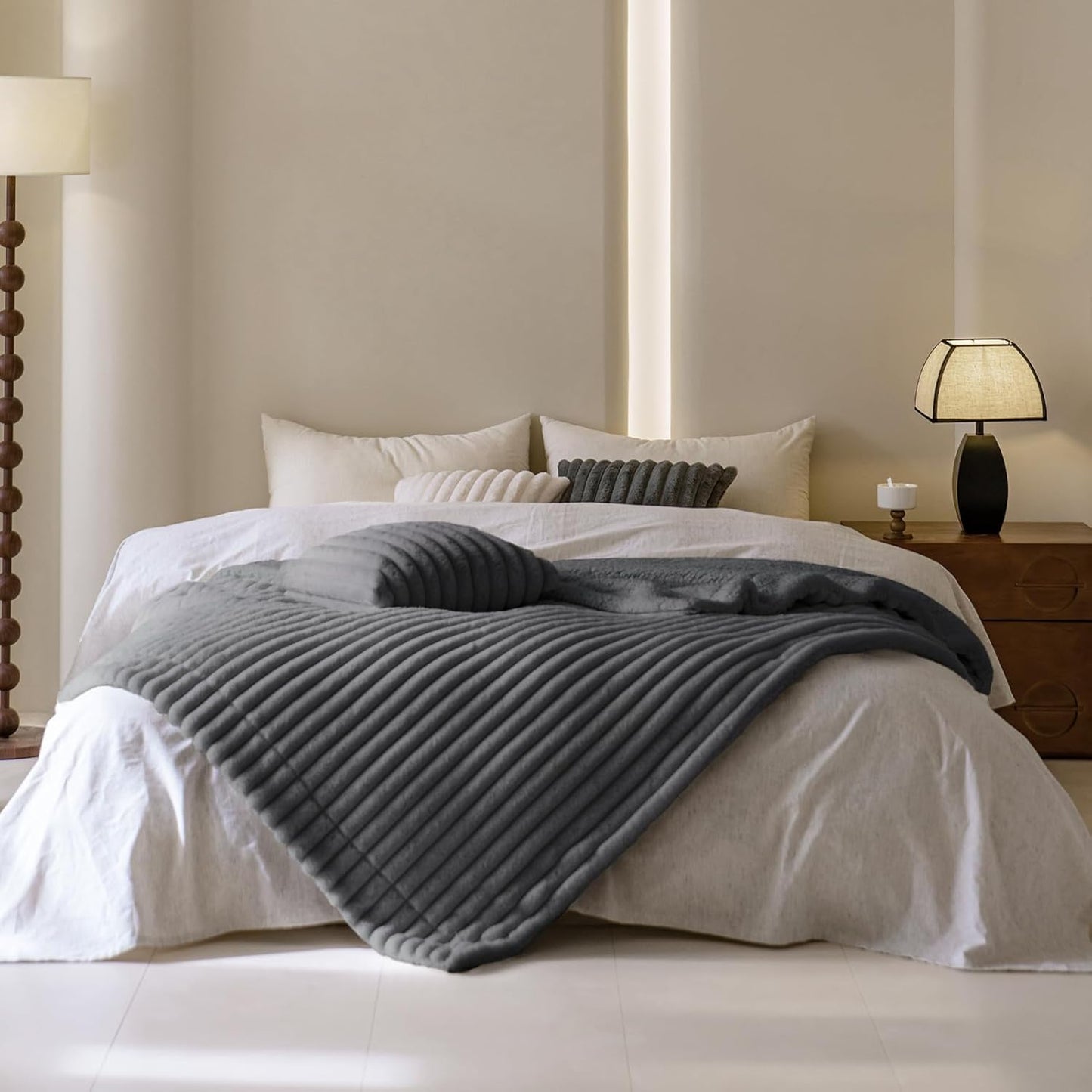 MOSAYT Throw Blanket for Couch or Bed, Super Soft Faux Rabbit Fur, Elegant Ruched Design, Grey Cozy Blanket (60x80 Inch)