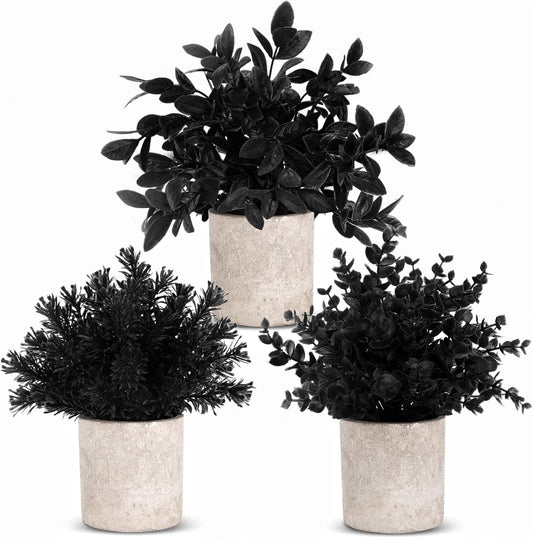 Der Rose 3 Pack Black Mini Potted Fake Plants Decor Artificial Eucalyptus Plants Topiaries for Halloween Black Bathroom Accessories Home Office Desk Farmhouse Room Table Decor