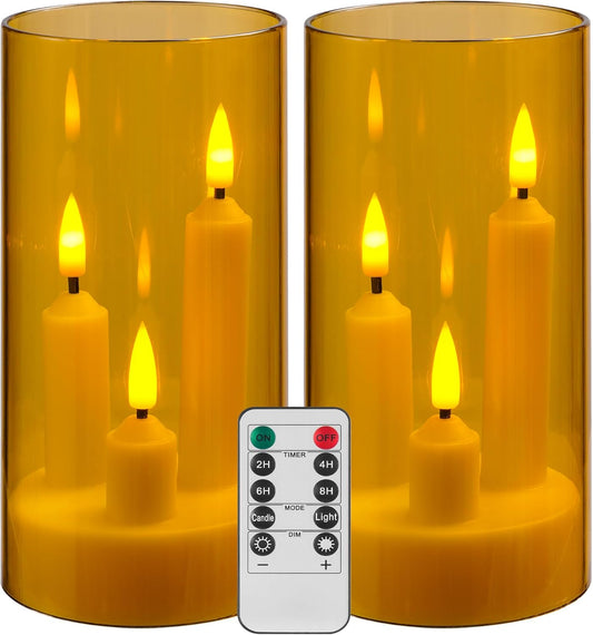 Da by LED Flameless Candles, Gold, Battery Operated with Remote and Timer, 3 Wicks Flameless Candles-2 Pack
