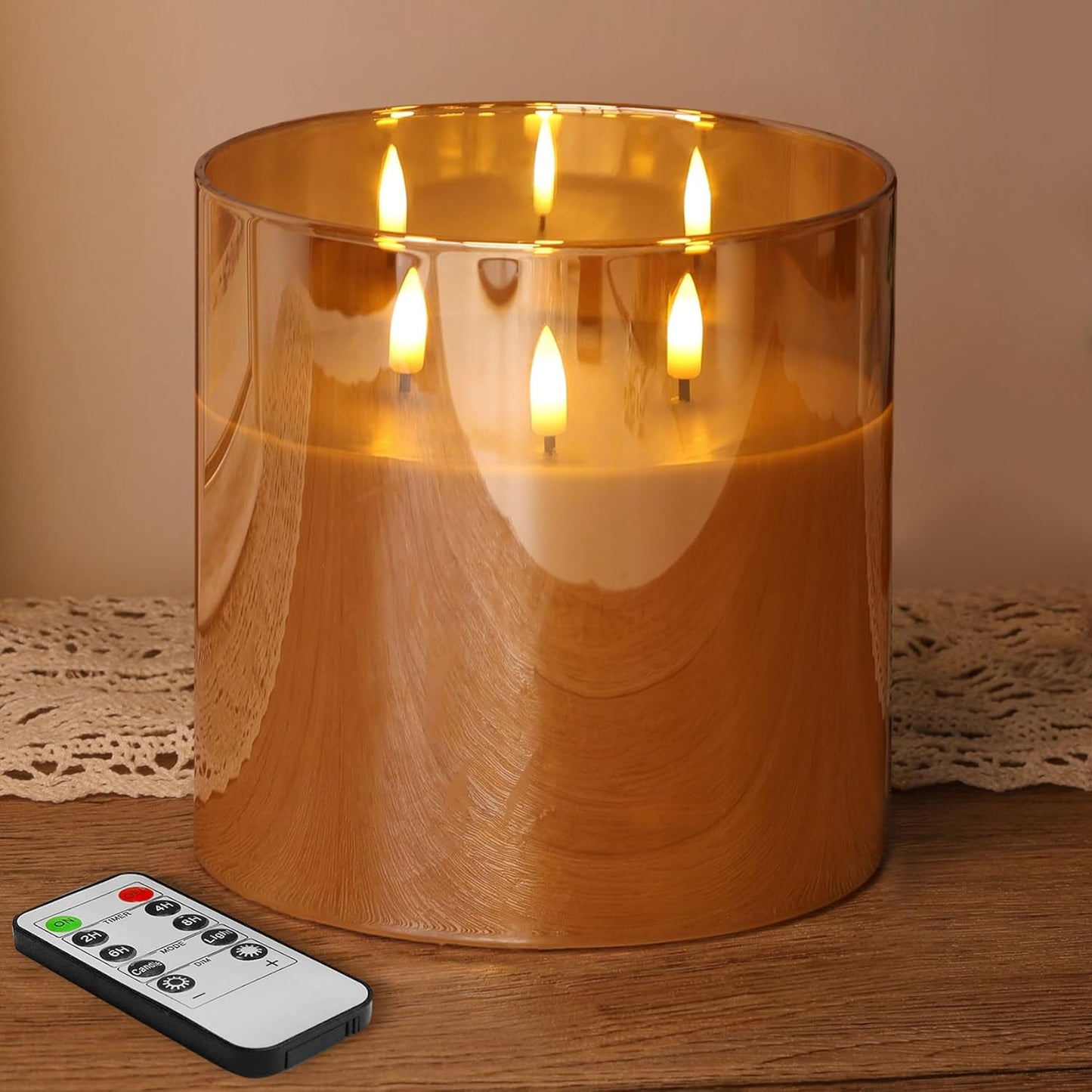 Eywamage 3 Wick Gold Glass Flameless Candle with Remote, Large Flickering LED Battery Pillar Candle Φ 6" H 6"
