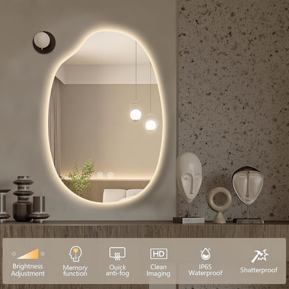 42"x28" Asymmetrical Led Mirror for Bathroom, Irregular Backlit Vanity Mirror with Lights, Frameless Smart Mirror, 3 Colors Stepless Dimmable, Anti-Fog, Memory, CRI95+, Horizontal/Vertical