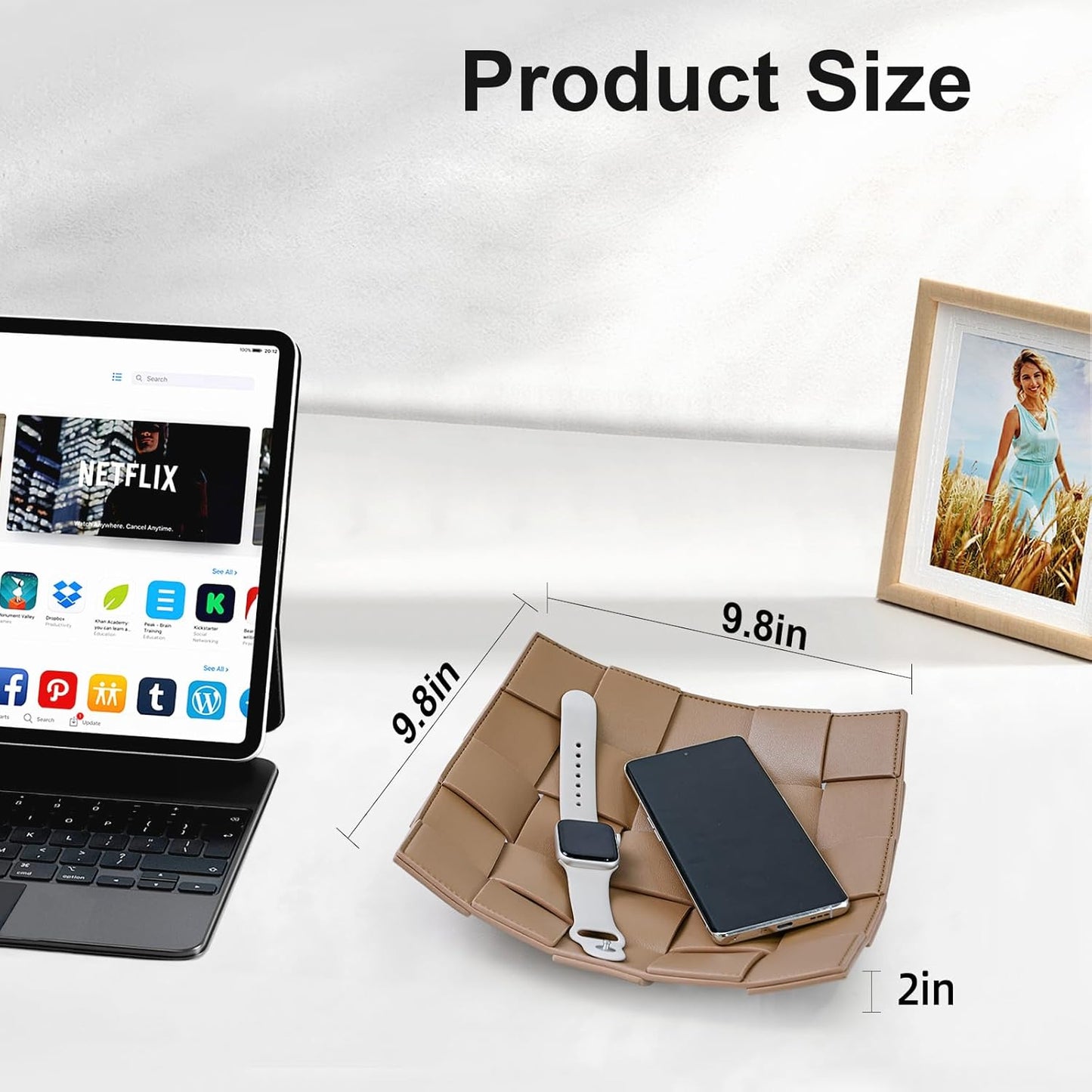 Valet Tray PU Leather Key Holder Bowl for Men and Women Entryway Table Nightstand Catchall Storage Organizer Tray for Wallet, Keys, Jewelry, Coins - Coffee, 9.8" L x 9.8" W x 2" H