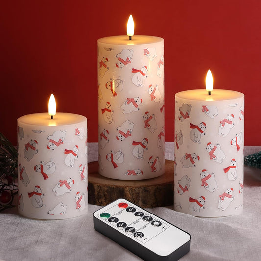 Eywamage Christmas Flameless Pillar Candles with Remote Timer, Battery Powered Bear Candles, Flickering LED Wax Candlles Set of 3