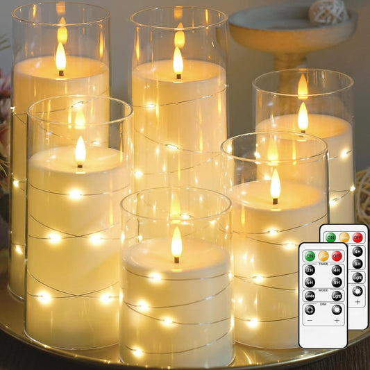 Lezonic 6Pcs Flameless LED Candles with Remote Timer, Acrylic Battery Operated Candles Flickering with Embedded String Lights, for Wedding Centerpiece, 3 x 456688 inches(Ivory)