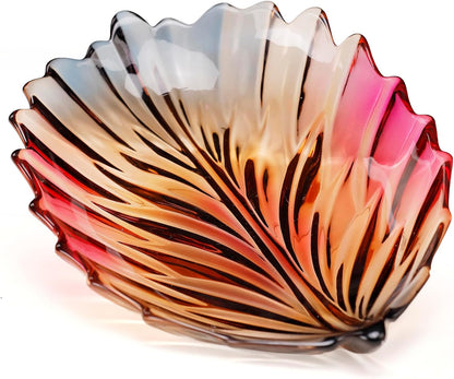 MAGCOLOR Creative Colorful Hand painted Crystal Glass Leaf-shaped Decorative Bowl -12.2 inch Diameter Fruit Display & Kitchen Table Centerpiece.