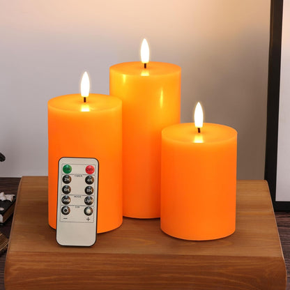 Eywamage Orange Halloween Flameless Pillar Candles with Remote, Real Wax Flickering Fall LED Candles Battery Operated Set of 3