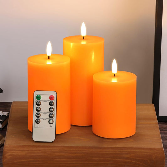 Eywamage Orange Halloween Flameless Pillar Candles with Remote, Real Wax Flickering Fall LED Candles Battery Operated Set of 3