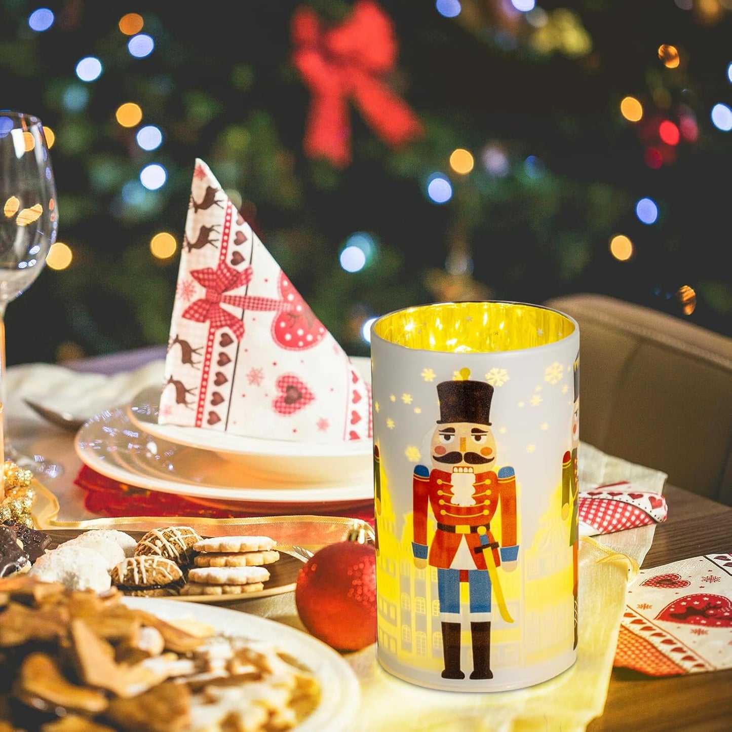 Christmas Decorations Indoor,Battery Operated Mercury Glass Latern,LED Lights Cylinder with Nutcracker Patterns,Christmas Decor for Table,Gifts for Kids (Nutcracker White)