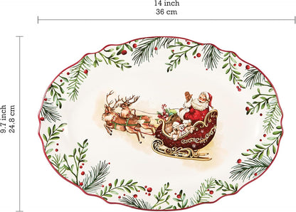 Bico Santa On The Way 16 plus 14 inch Scalloped Oval Platters Set, Set of 2, Microwave and Dishwasher Safe, for Serving Fish, Chicken, Turkey