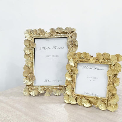 LONG XIN 1PCS 5X7 Inch Ginkgo Leaves Decoration Photo Frame Vintage Photo Frame Resin Picture Frame for Home Decor Old Fashioned Gorgeous Photo Gallery Art Decor (Gloden)
