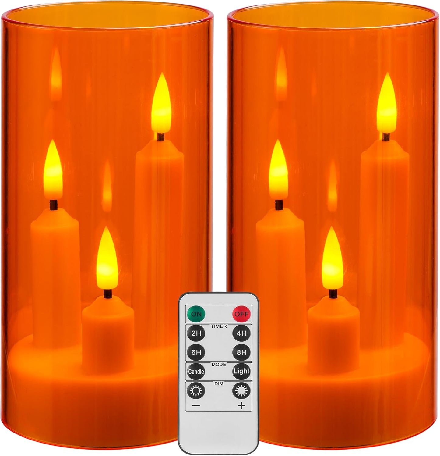 Da by Flameless Candle, Battery-Powered Candle with Remote Control and Timer, LED Three-Wick Pillar Candle, Romantic Wedding, Perfect Home Décor, 2 Pack (Orange)