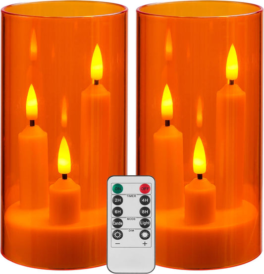 Da by Flameless Candle, Battery-Powered Candle with Remote Control and Timer, LED Three-Wick Pillar Candle, Romantic Wedding, Perfect Home Décor, 2 Pack (Orange)
