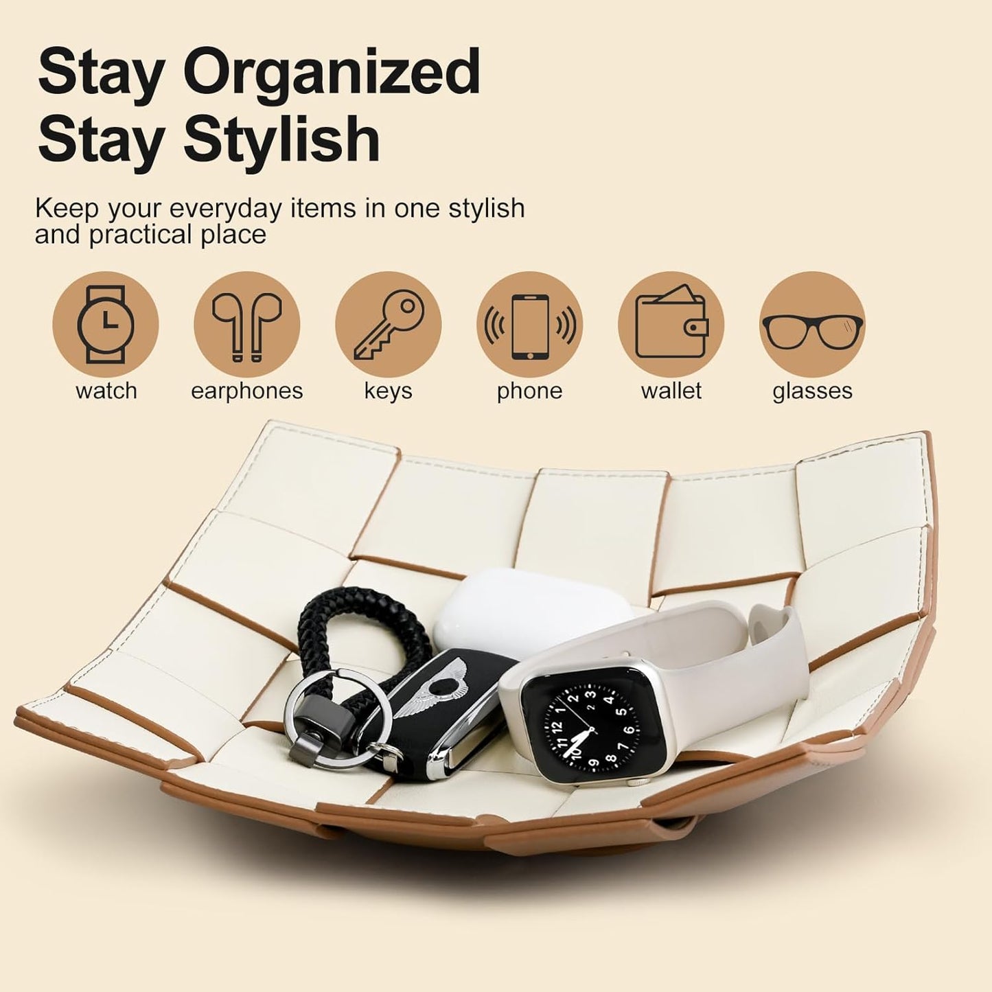 Valet Tray PU Leather Key Bowl for Men Women Entryway Table Nightstand Catchall EDC Dump Tray for Wallet, Keys, Jewelry Men's Gift - Coffee & White, 9.8" L x 9.8" W x 2" H