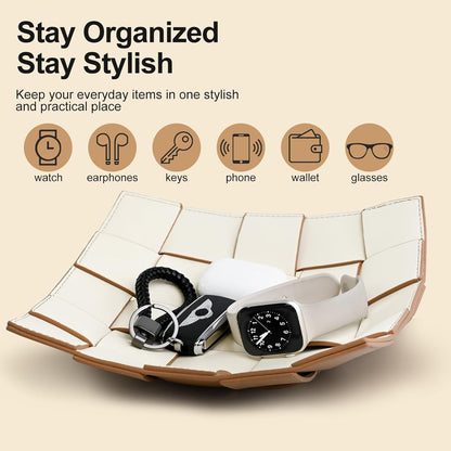 Valet Tray PU Leather Key Bowl for Men Women Entryway Table Nightstand Catchall EDC Dump Tray for Wallet, Keys, Jewelry Men's Gift - Coffee & White, 9.8" L x 9.8" W x 2" H