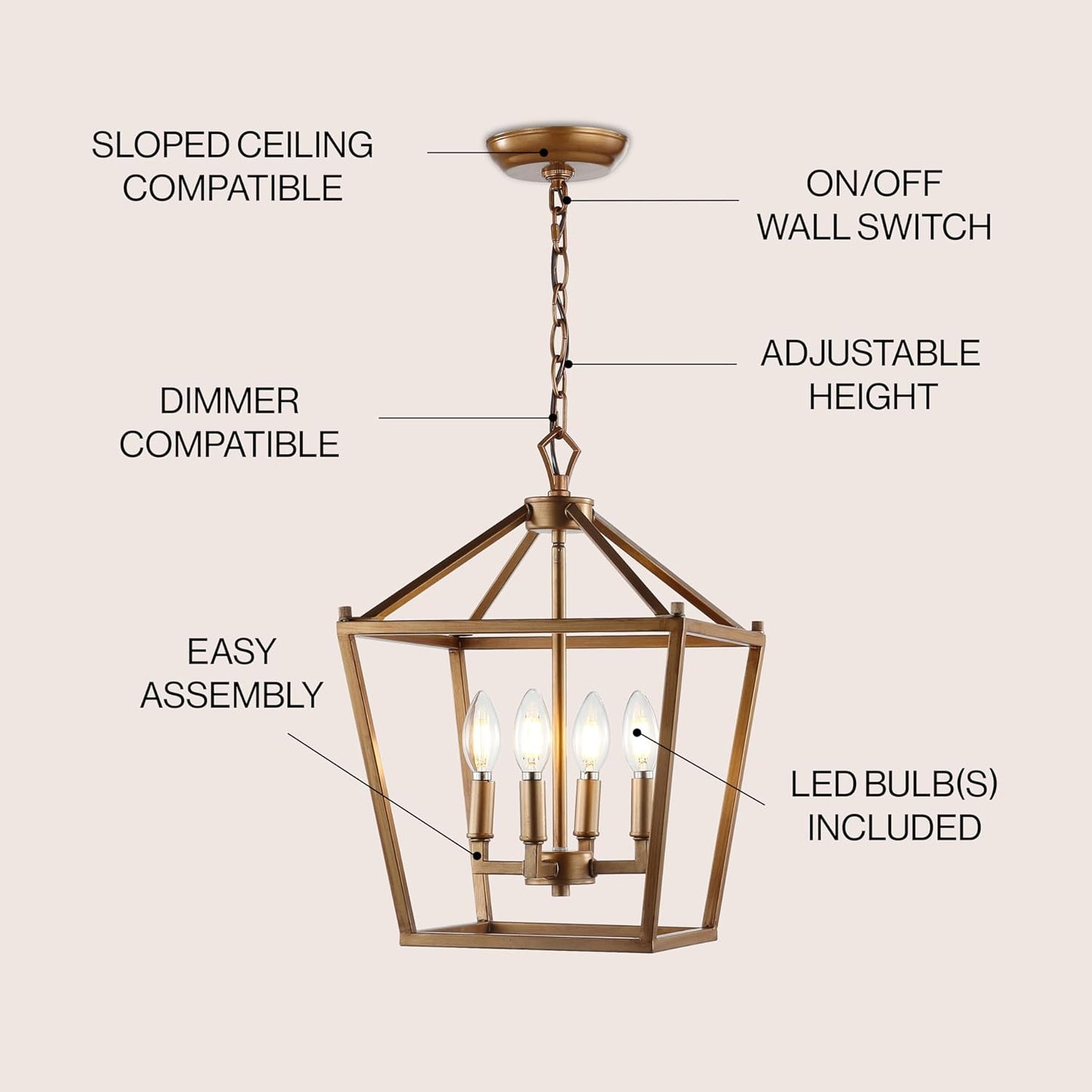 JONATHAN Y JYL7436B Pagoda Lantern Dimmable Adjustable Metal LED Pendant Classic Traditional Farmhouse Dining Room Living Room Kitchen Foyer Bedroom Hallway, 12 in, Antique Gold
