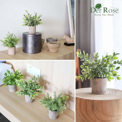 Der Rose 3 Pack Mini Potted Fake Plants Artificial Plastic Eucalyptus Plants Topiaries for Home Office Desk Farmhouse Room Bathroom Decor