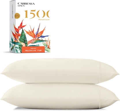 Carressa Linen 100% Egyptian Cotton Pillow Cases Standard/Queen Size Set of 2 - Luxury 1500 Thread Count Sateen Ivory Pillow Cases, Silky Soft Cotton Pillowcases Fits Standard & Queen Pillows