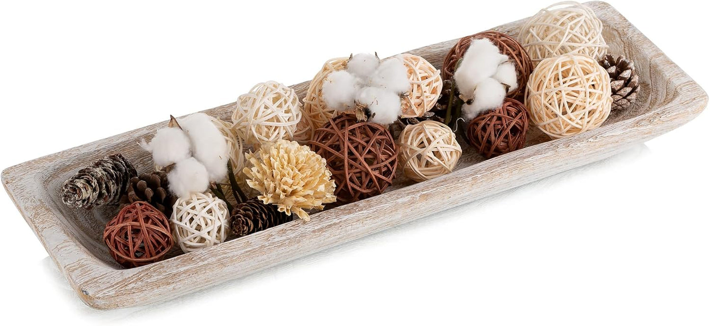 Hanobe Decorative Wood Dough Bowl: Large Long Wooden Bowl for Entry Way Table Home Decor - Coffee Table Decor for Living Room - Dining Table Centerpiece Decor, White