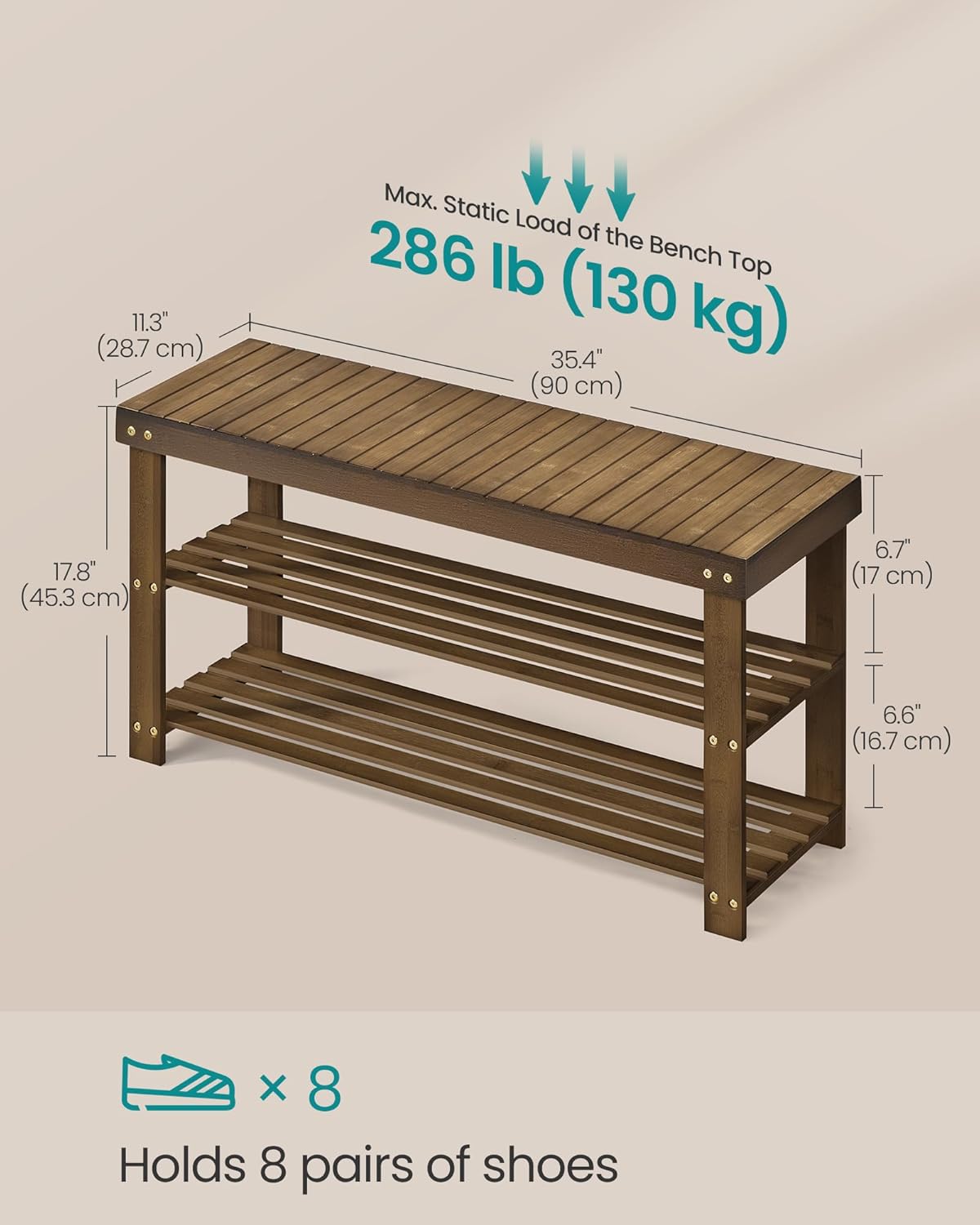SONGMICS Shoe Rack Bench, 3-Tier Bamboo Shoe Storage Organizer, Entryway Bench, Holds Up to 286 lb, 11.3 x 35.4 x 17.8 Inches, for Entryway Bathroom Bedroom, Yellow Brown ULBS090K01
