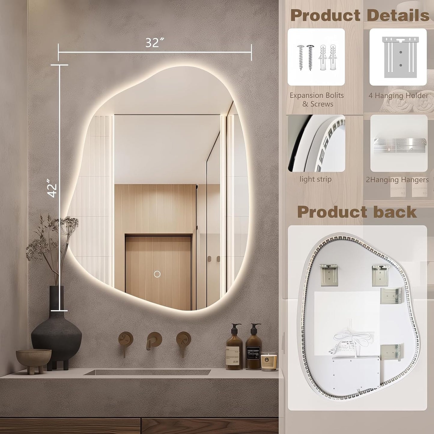 Irregular LED Bathroom Mirror with Lights, 42"x32" Anti Fog Frameless Led Bathroom Vanity Mirror, Stepless Dimmable Backlit Mirror for Bathroom Bedroom Living Room, Horizontal/Vertical
