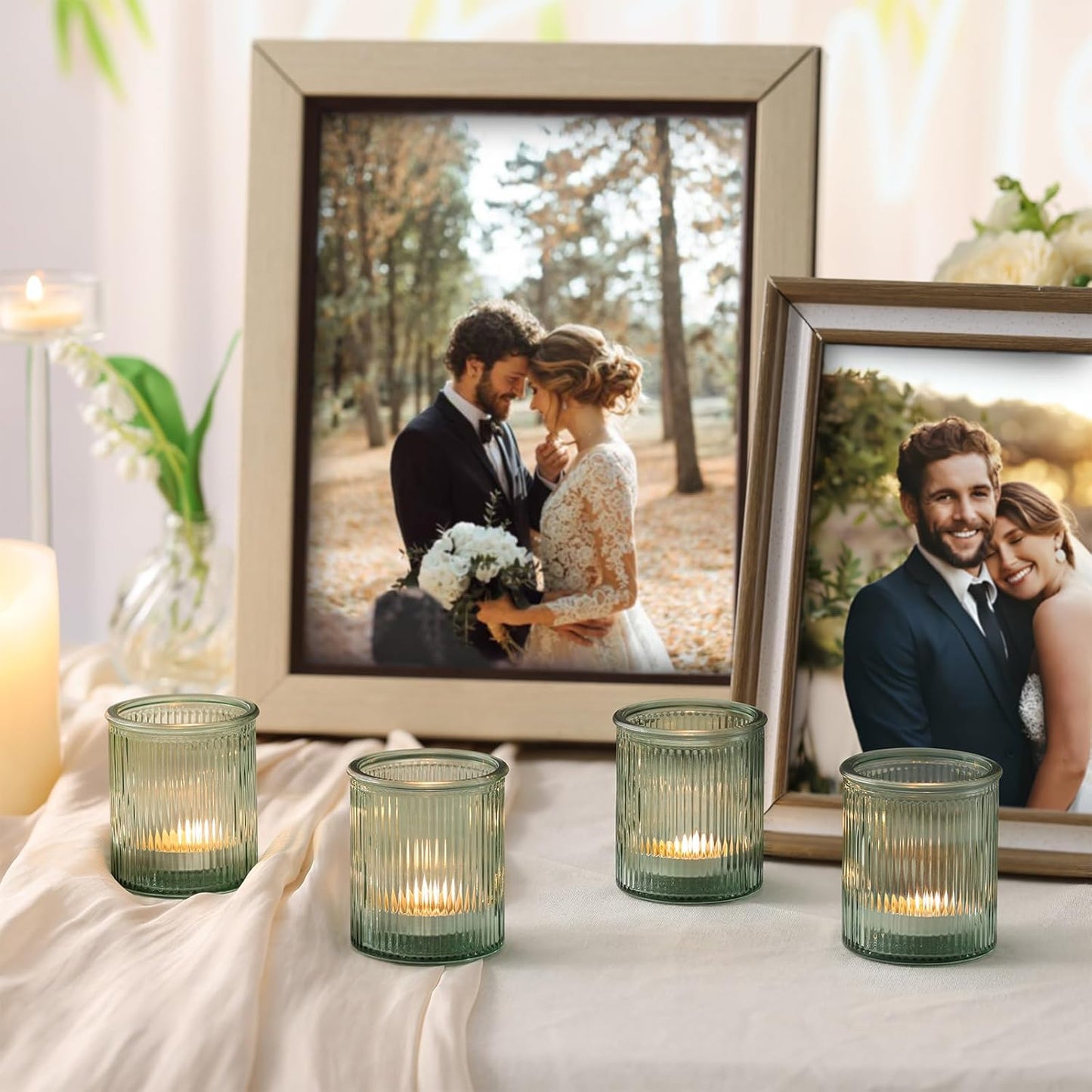 8Pcs Ribbed Green Votive Candle Holders, Tea Light Candle Holder Glass, Green Candle Holders for Table Centerpiece, Wedding, Bridal Shower and Tea Party Decorations