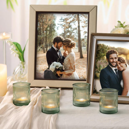 8Pcs Ribbed Green Votive Candle Holders, Tea Light Candle Holder Glass, Green Candle Holders for Table Centerpiece, Wedding, Bridal Shower and Tea Party Decorations